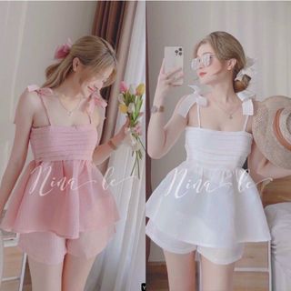 set đồ nữ áo babydoll hai dây kèm quần đùi FREESHIP set bộ tiểu thư nơ vai mút ngực dễ thương giá sỉ