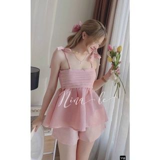 set đồ nữ áo babydoll hai dây kèm quần đùi FREESHIP set bộ tiểu thư nơ vai mút ngực dễ thương