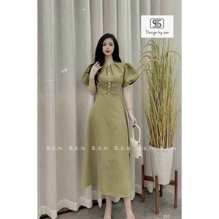 Đầm nữ dáng dài tiểu thư kín cổ bọc nút FREESHIPváy xòe tay bồng ngắn tay nhún bèo cổ