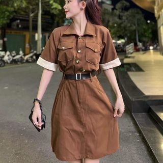 Đầm sơ mi màu bò FREESHIPđầm nút ngắn tay kèm nịt
