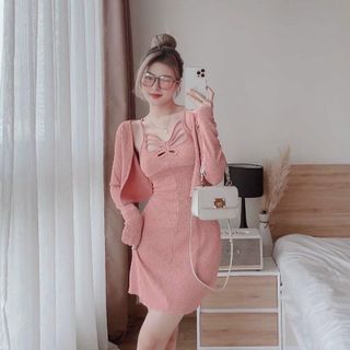 Set đồ nữ 2 món đầm body 2 dây kèm áo khoác croptop Bộ nữ iim hai dây