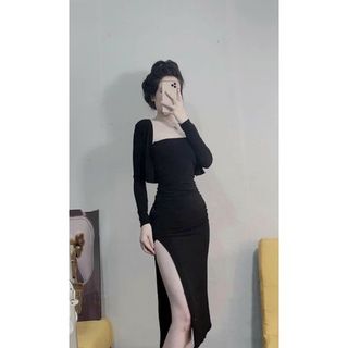 ĐẦM BODY NỮ DÁNG DÀI NHÚN EO 2 MÓN FREESHIPĐẦM ÔM NHÚN NGỰC SEXY KÈM KHOÁC NGOÀI