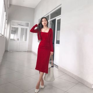 ĐẦM BODY NỮ DÁNG DÀI NHÚN EO 2 MÓN FREESHIPĐẦM ÔM NHÚN NGỰC SEXY KÈM KHOÁC NGOÀI
