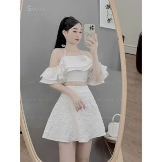 Set đồ nữ áo moking tay rớt FREESHIPbộ 2 món vải gấm chân váy có lót quần