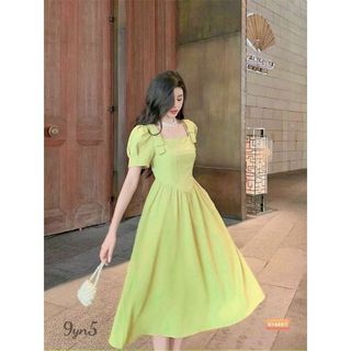 Đầm NỮ DÁNG DÀI cổ VUÔNG TAY PHỒNG FREESHIPváy nữ tiểu thư dáng xòe dài qua gối tiểu thư
