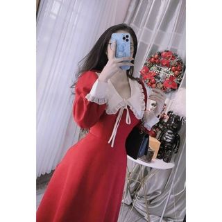 ĐẦM NỮ DÁNG XÒE TAY DÀI cổ sen TIỂU THƯ SANG TRỌNG ĐẦM MẶC TẾT DỰ TIỆC nâu ĐỎ