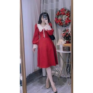 ĐẦM NỮ DÁNG XÒE TAY DÀI cổ sen TIỂU THƯ SANG TRỌNG ĐẦM MẶC TẾT DỰ TIỆC nâu ĐỎ