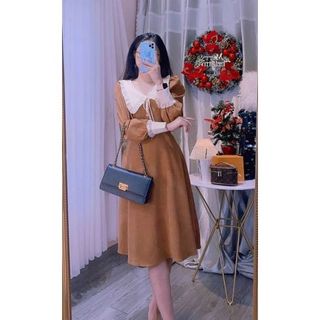 ĐẦM NỮ DÁNG XÒE TAY DÀI cổ sen TIỂU THƯ SANG TRỌNG ĐẦM MẶC TẾT DỰ TIỆC nâu ĐỎ