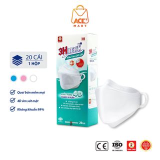 Khẩu trang y tế 4D 3Hmask Vĩnh Tiến quai thun tròn mềm không gây đau tai, 4 lớp lọc kháng khuẩn (hộp 20c)