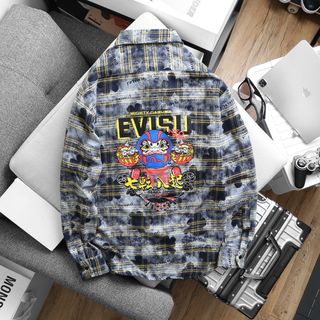 Áo sơ mi nam, áo sơ mi tay dài caro loang in evisu trước sau, caro cotton xịn