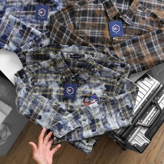 Áo sơ mi nam, áo sơ mi tay dài caro loang in evisu trước sau, caro cotton xịn