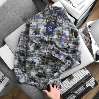 Áo sơ mi nam, áo sơ mi tay dài caro loang in evisu trước sau, caro cotton xịn