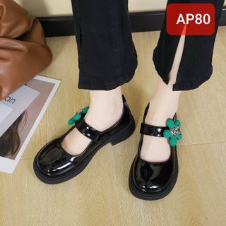 Giày búp bê nữ da bóng quai ngang gắn hoa AP80