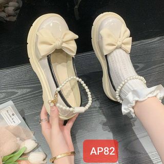 Giày búp bê nữ đế dày đính nơ quai ngọc trai cài cổ chân AP82