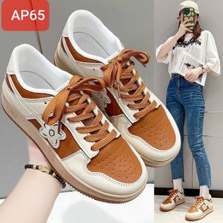 Giày thể thao nữ chất da mềm màu trắng phối nâu họa tiết hoa AP65