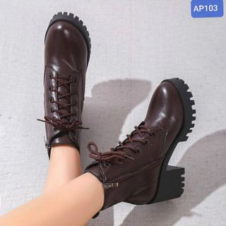 Giày boots nữ chất da mềm buột dây đế cao răng cưa chống trượt AP103