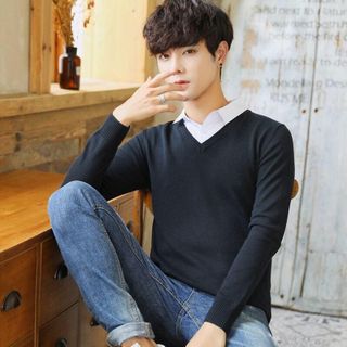 Sỉ áo len nam cổ tim, trơn, tay dài, len dệt kim dày dặn, kiểu dáng Hàn Quốc