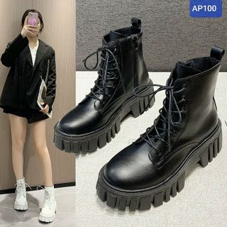 Giày boots nữ chất da mềm buột dây có khóa kéo hông AP100