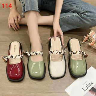Dép sục nữ mũi vuông phối quai ngang vải chất da bóng AP114