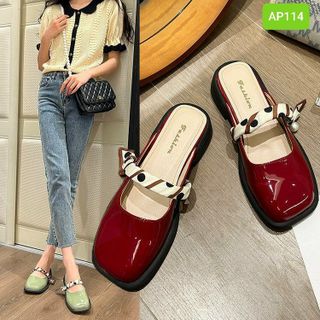 Dép sục nữ mũi vuông phối quai ngang vải chất da bóng AP114