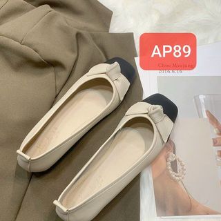 Giày búp bê nữ mũi vuông phối 2 màu đính nơ đẹp AP89