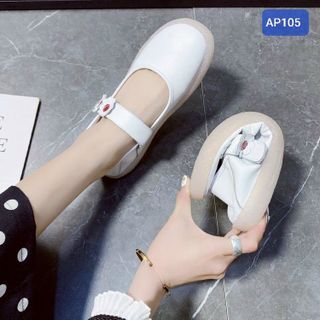 Giày búp bê nữ trắng chất da mềm quai ngang đính hoa AP105