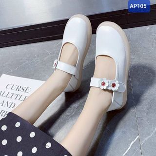 Giày búp bê nữ trắng chất da mềm quai ngang đính hoa AP105