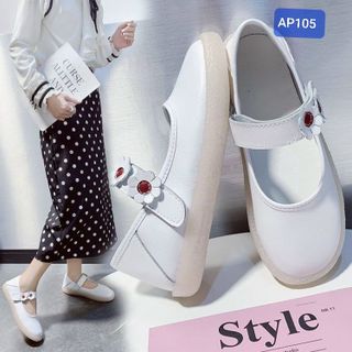 Giày búp bê nữ trắng chất da mềm quai ngang đính hoa AP105