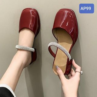 Dép nữ cao gót vuông bít mũi vuông quai ngang đính kim tuyến AP99