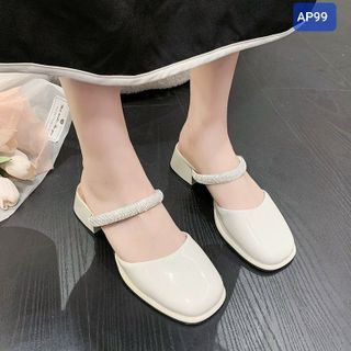 Dép nữ cao gót vuông bít mũi vuông quai ngang đính kim tuyến AP99