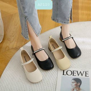 Giày búp bê nữ mũi vuông phối quai ngang đính ngọc trai AP120