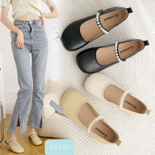 Giày búp bê nữ mũi vuông phối quai ngang đính ngọc trai AP120