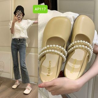 Dép sục nữ mũi vuông phối 2 quai ngang đính ngọc trai AP117