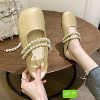 Dép sục nữ mũi vuông phối 2 quai ngang đính ngọc trai AP117