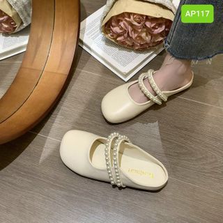 Dép sục nữ mũi vuông phối 2 quai ngang đính ngọc trai AP117