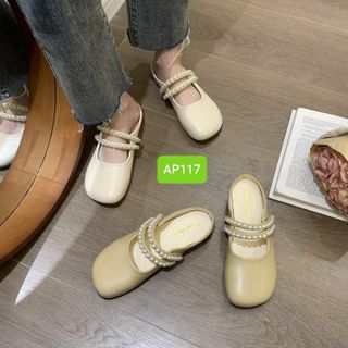 Dép sục nữ mũi vuông phối 2 quai ngang đính ngọc trai AP117
