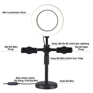 Đèn Livestream 3 in1 Để Bàn 16cm Có 2 Kẹp Hỗ Trợ Livestream Bán Hàng, Chụp Ảnh Quay Video