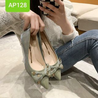 Giày cao gót mũi nhọn phối nơ đính kim loại xinh xắn AP128