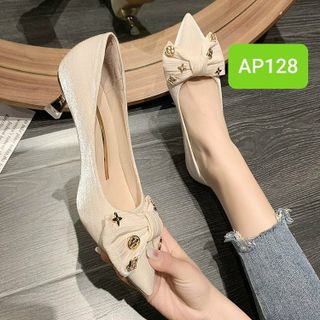 Giày cao gót mũi nhọn phối nơ đính kim loại xinh xắn AP128