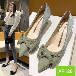 Giày cao gót mũi nhọn phối nơ đính kim loại xinh xắn AP128