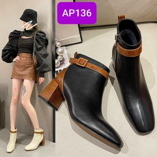 Boots cổ ngắn gót vuông phối 2 màu đẹp khóa kéo hông tiện lợi AP136