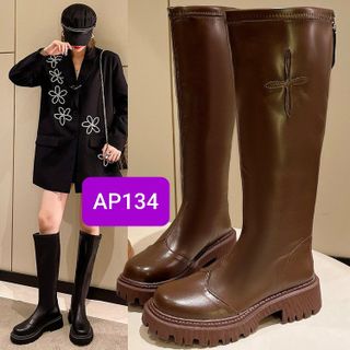 Giày boots cổ cao chất da mềm họa tiết hoa 4 cánh AP134 giá sỉ