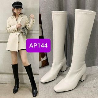 Boots nữ cao gót cổ cao kiểu dáng trơn phối khóa sau tiện lợi AP144