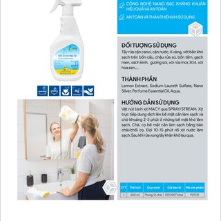 TẨY RỬA NANO BẠC ĐA NĂNG CẶN CANXI NHÀ TẮM, NHÀ VỆ SINH, TOILET, VÒI NƯỚC, INOX, VÁCH KÍNH, BỒN SỨ… CÔNG NGHỆ CHÂU ÂU AN TOÀN, HIỆU QUẢ MACY, CHAI XỊT 450ML