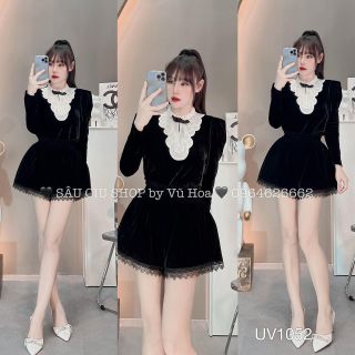 Aó nhung dài tay phối cổ ren kèm nơ xinh xắn