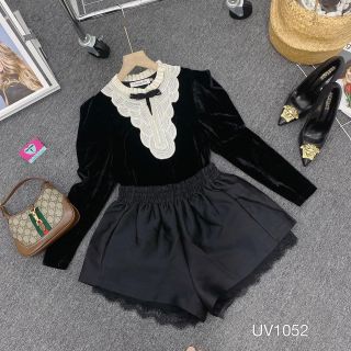 Aó nhung dài tay phối cổ ren kèm nơ xinh xắn