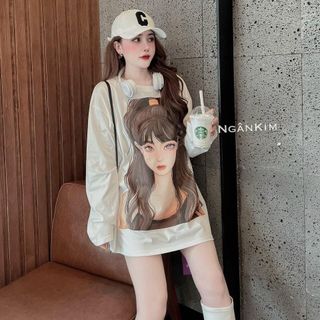 Áo cotton tay dài in hình cô gái dễ thương