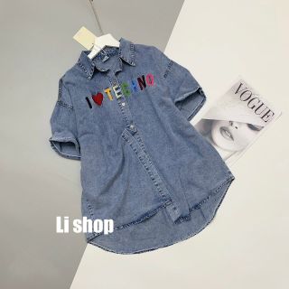 Áo jean cổ bẻ tay ngắn thêu