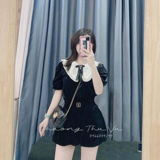 Áo nhung cộc tay phối cổ bèo kèm nơ xinh xắn