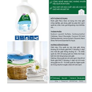 NƯỚC GIẶT NANO BẠC HƯƠNG HOA THIÊN NHIÊN MACY, CAN 3,8 Kg